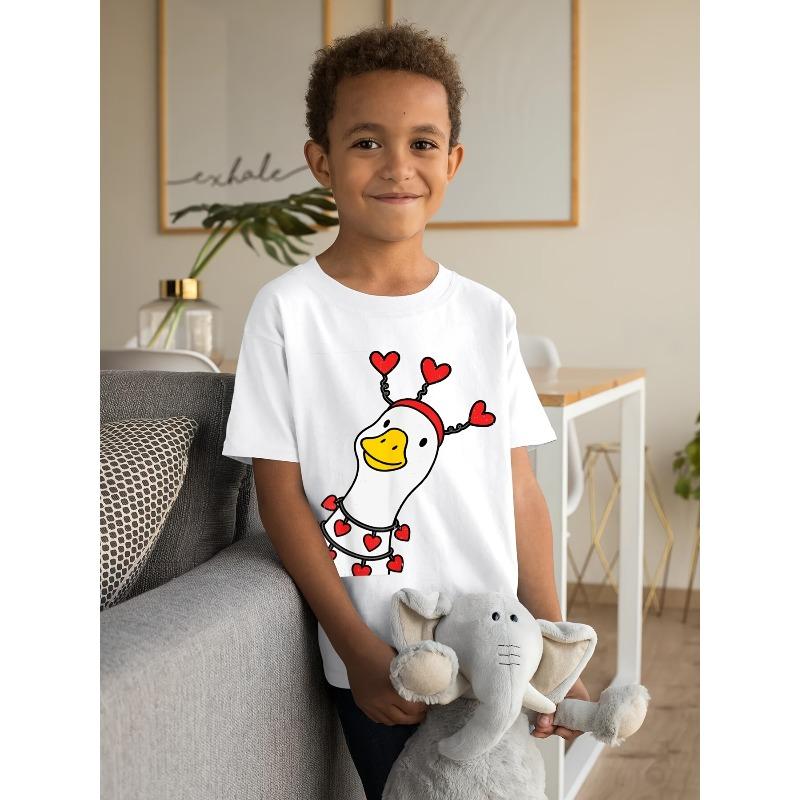European sizes Boys & Girls Cute Goose Duck Valentines Day T-Shirt - Retro Short Sleeve Shirt with Goose & Duck Graphics, Round Neck Casual Top