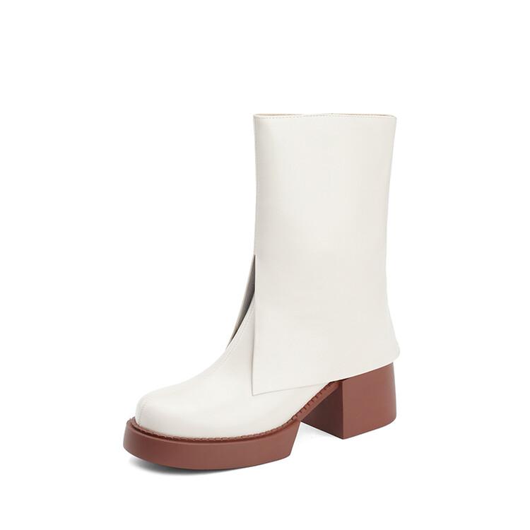 Fashion NEW Autumn Women Boots Split Leather Shoes for Women Round Toe Chunky Heel Shoes Zipper Pants Boots Casual Platform Modern Boots