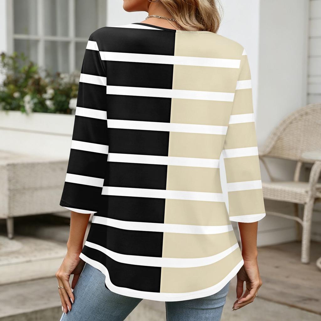 Women’s 3/4 Sleeve V Neck Button Decor Top with Geometric Print Casual Loose Fit Blouse for Daily Wear