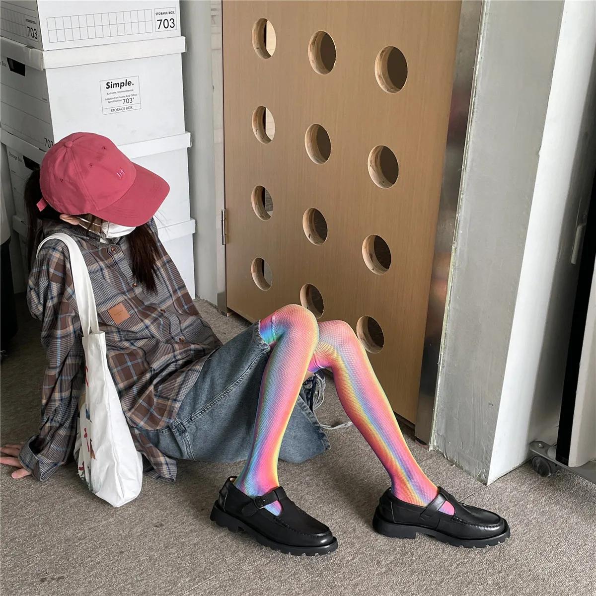 

Women Sexy Long Fishnet Rainbow Color Stockings Ladies Unique New Design Over The Knee Thigh High Socks Medias JK Mesh Stockings One Size