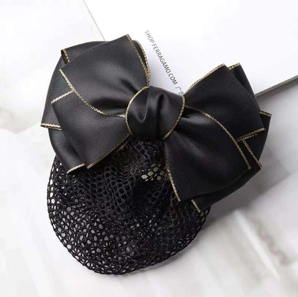 Gold-Edged Bow Hairnet for Professional Female Nurses & Hotel Staff