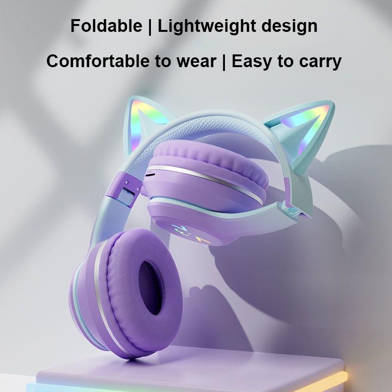 LED Flash Light Bluetooth Headphones Cute Cat Ears Wireless Earphone with Mic Kids Girls Stereo Cool RGB Headsets Bluetooth 5.1
