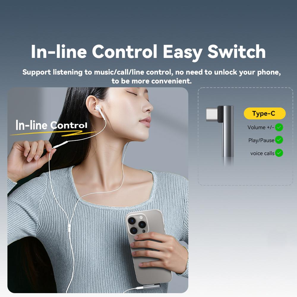 ESSAGER Type-C Male To 3.5mm Female L-Shaped Audio Adapter Inline Control Audio Adapter