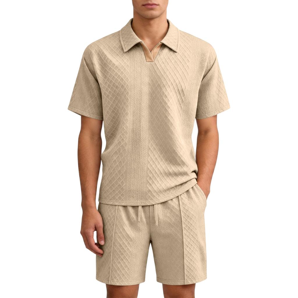 Men Short Sleeve Polo Shirt and Shorts Set Pattern Relaxed Fit Lightweight Two Piece Outfit