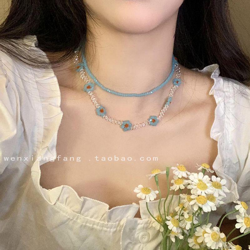 

Crystal Blue Female Korean Artsy Clavicle Chain Flower Crystal Flowers ~ Two-piece set