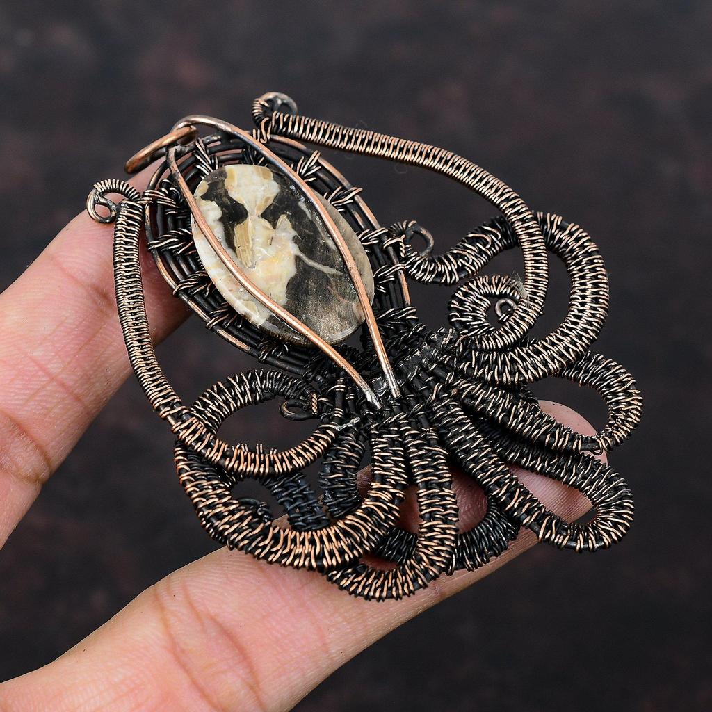Peanut Wood Jasper Pendant Copper Wire Wrapped Pendant Gemstone Jewelry Octopus Pendant Copper Wire Jewelry Gift For Mother Handmade Pendant