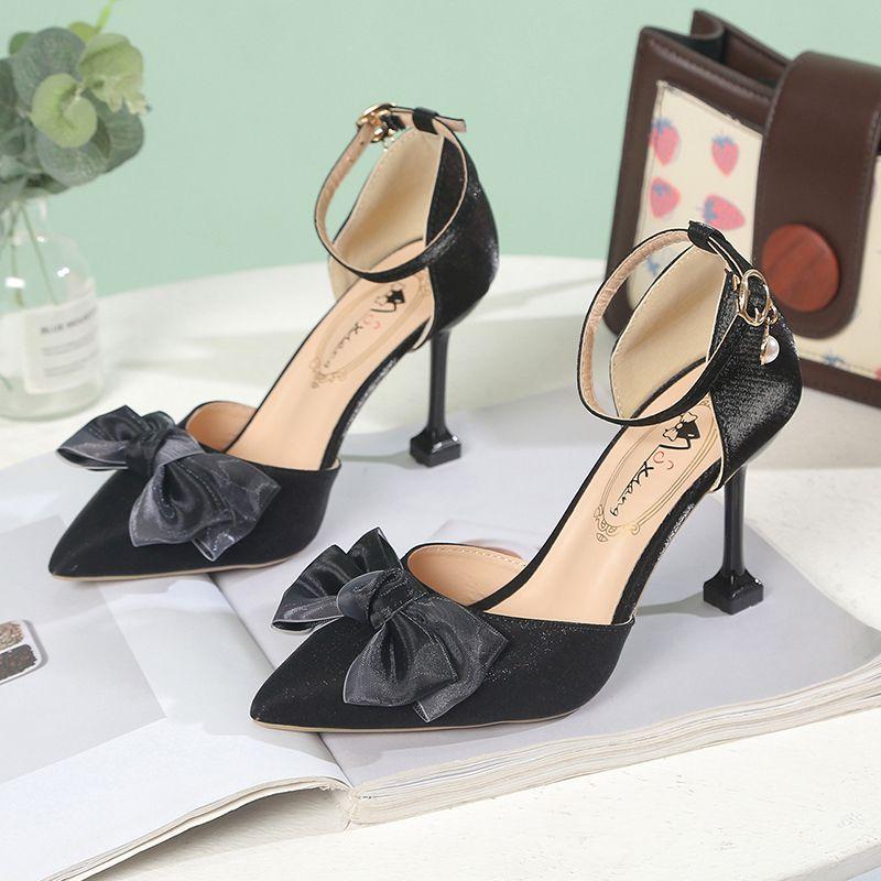 Pointed Toe Women's Sandals for Party and Weddings Bow Stiletto Red Ladies Shoes Asian Size The Best Footwear Korea Original Pvc