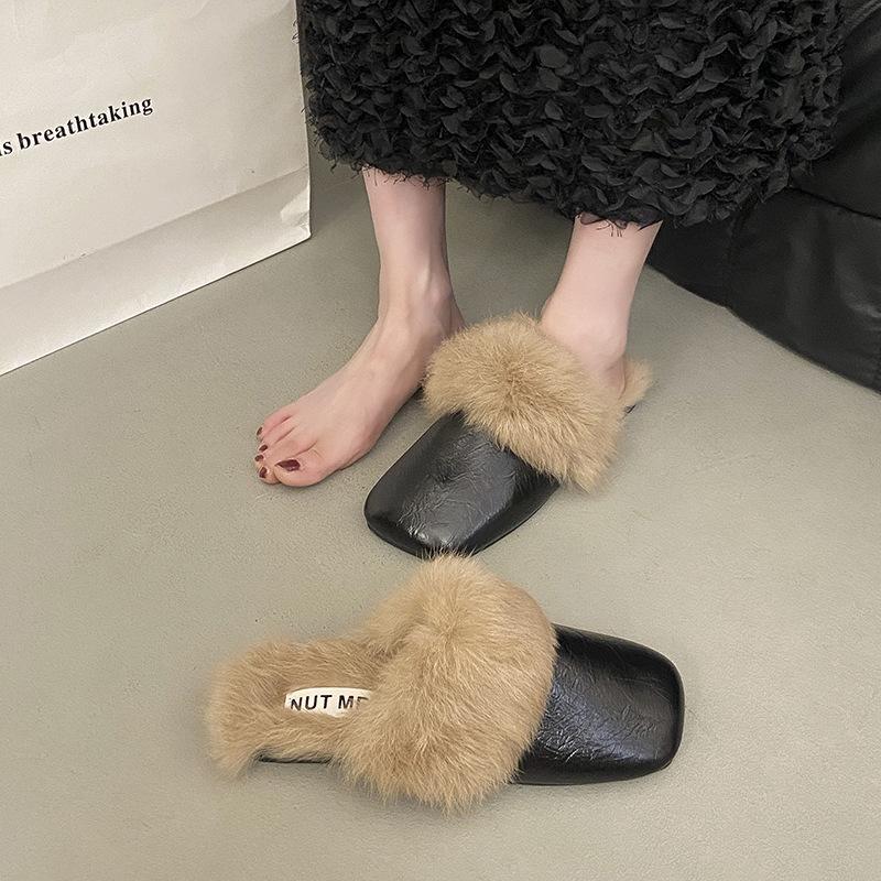 French Beautiful Bag Head Autumn and Winter Fluffy Slippers Velvet Women's 2025 Flat Bottom New Muller Lazy Explosion Out