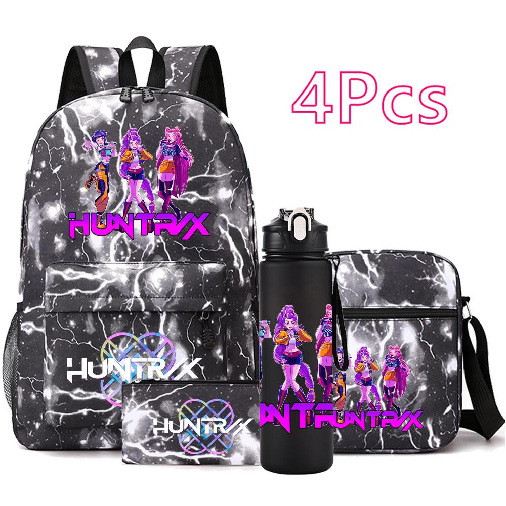 4Pcs/set Anime K-Pop Demon Hunters Printed Backpack Bookbag Shoulder Bag Case Bag with 750Ml Water Bottler for Boy Girl Large Capacity Schoolbag
