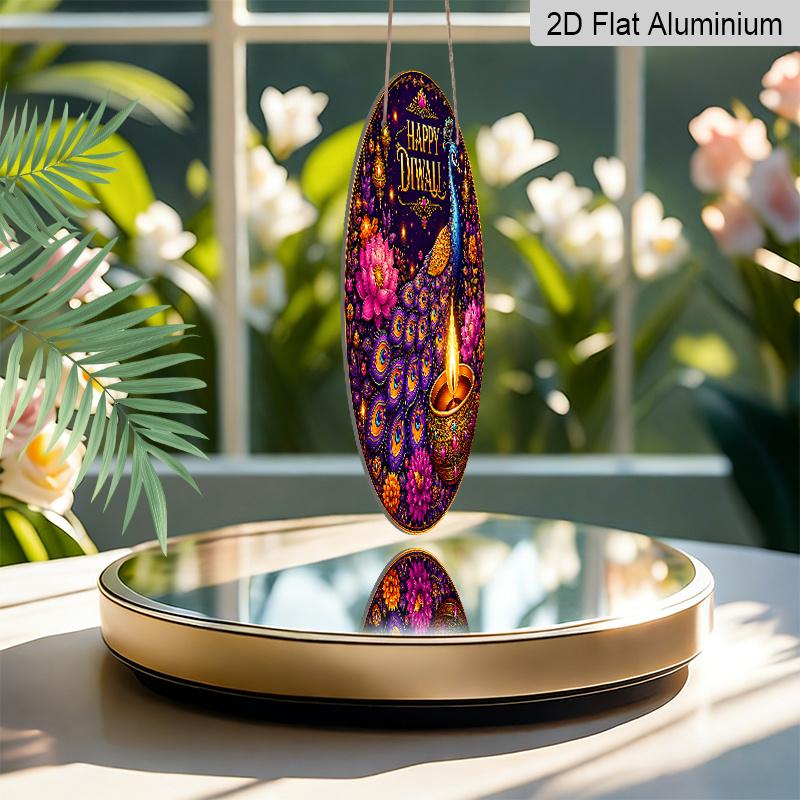 2D Flat, 1pc Round Aluminum Wall Hanging Ornament, Happy Diwali Colorful Peacock Gemstone Diya Lotus Marigold Printed Plaque, Wealth Fortune Blessing