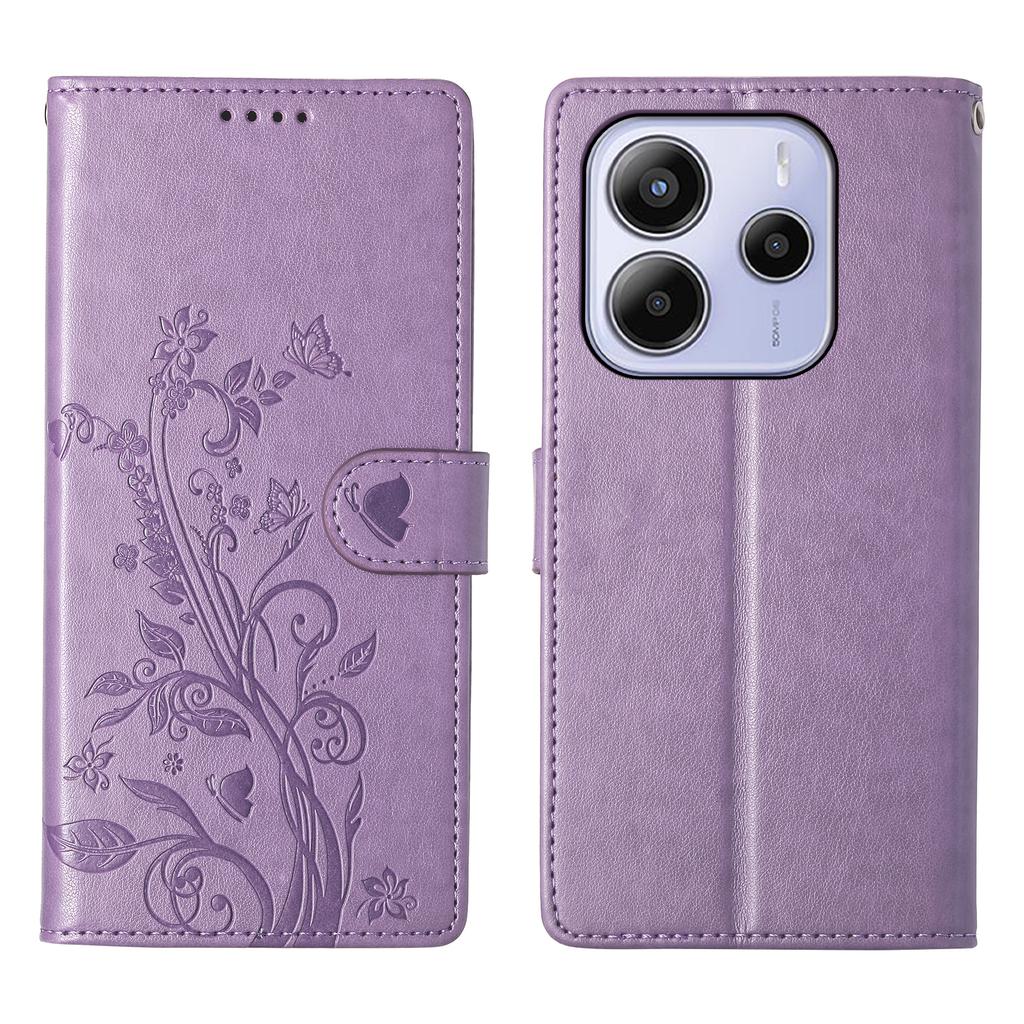For Xiaomi Redmi Note 14 4G (163.25mm) Wallet Case Butterfly Floral Imprint PU Leather Phone Cover with Wrist Strap