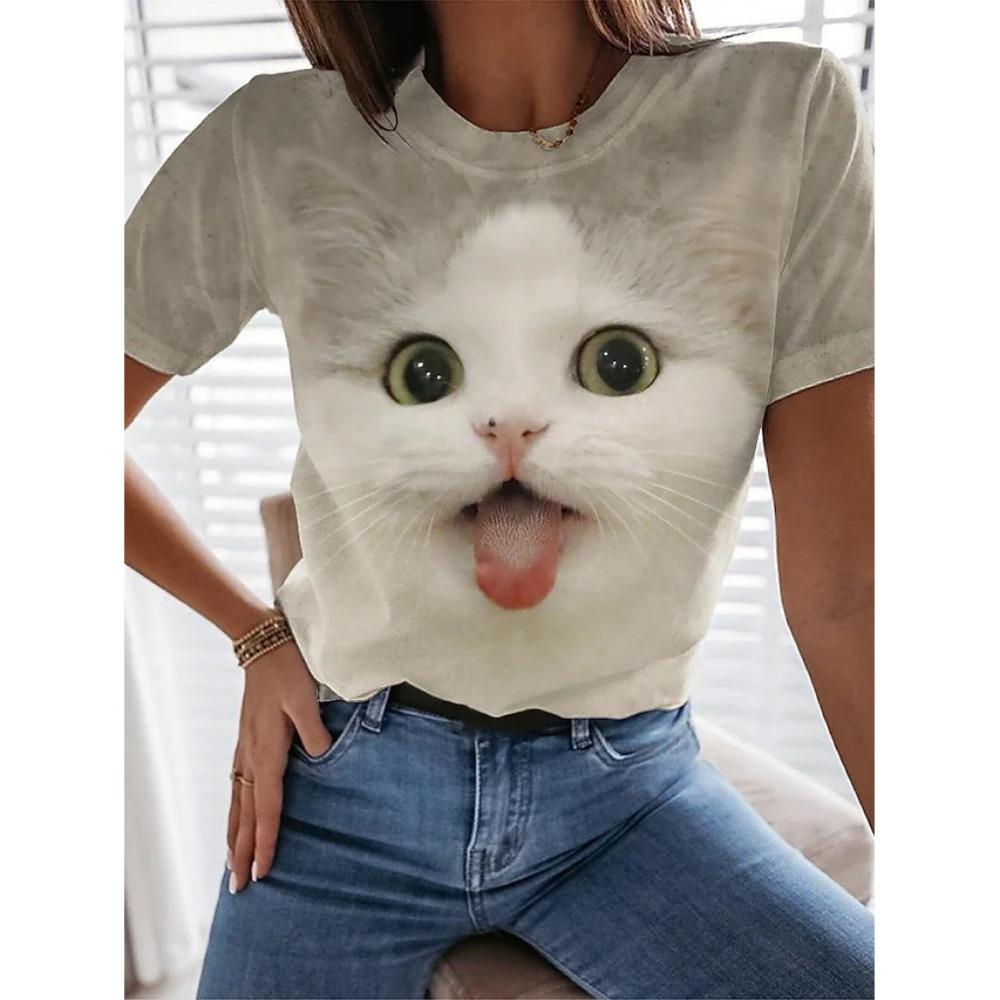 Women 3d Cute Cat Print Fashion Y2k Tops Kawaii Oversized Summer O-Neck Top