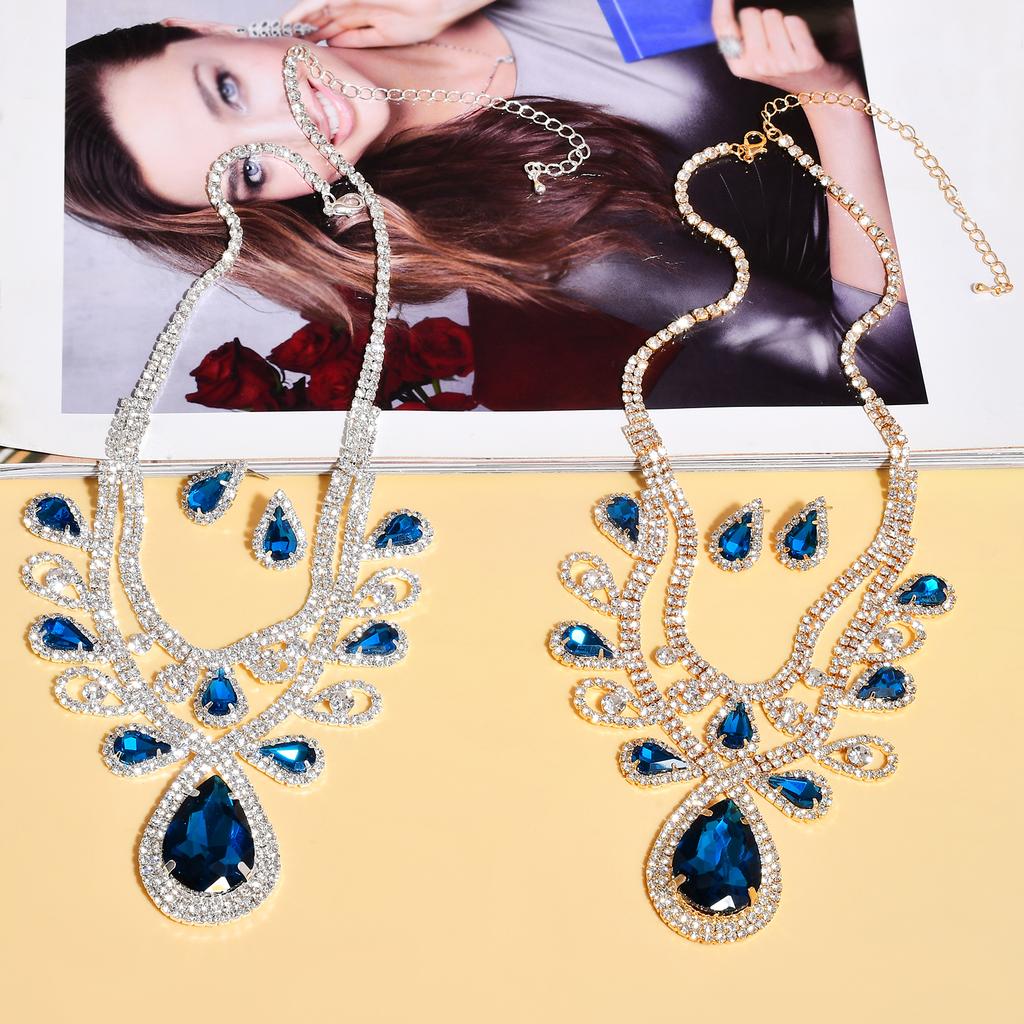 Fashion High-Grade Colourful Teardrop Female Bridal Crystal Full Diamond Necklace Earrings Two-Piece Set Exquisite