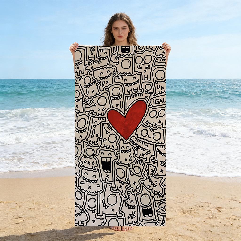 

Simple Line Design Beach Towel Towel Full of Love Little Monster Super Absorbent Suitable for Beach Pool Summer Gift for Friends W30*H60(CM)
