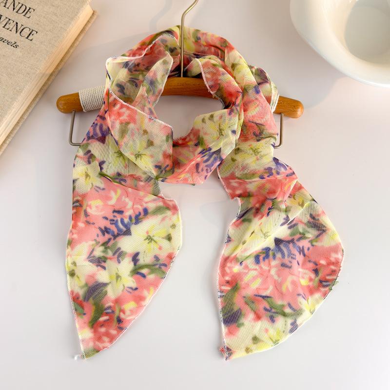 Korean Long Scarves Plaid Floral Print Lightweight Lace Mesh Scarf Versatile Neck Accessory Hair Scarf Neckerchief