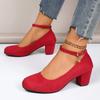 2025 Hochwertige Damenschuhe Neu Runde Zehenpartie Einfarbig Wildleder Flacher Ausschnitt Dicker Absatz Ein-Riemen-Schnalle Damen High Heels
