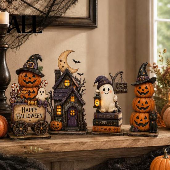 Retro Wooden Holiday Signs Farmhouse Halloween Tabletop Decorations, Table Topper Signs, Spooky Ornaments Pumpkin Ghost Tiered Tray Centerpiece