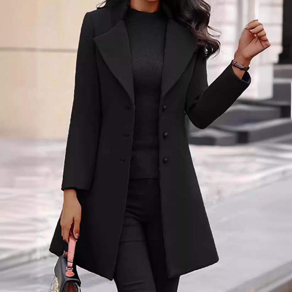 Women’s Mid-Length Coat, Single-Breasted Notched Lapel, Casual Outerwear, Available In Grey, Mustard Yellow, and Black