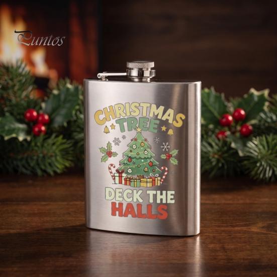 Festive Patterned Drinking Cup Beer Barrel Flask, 8oz Stainless Steel Oil Drum Shaped Flask with Small Gift for Christmas Prints Outdoor Camping Party