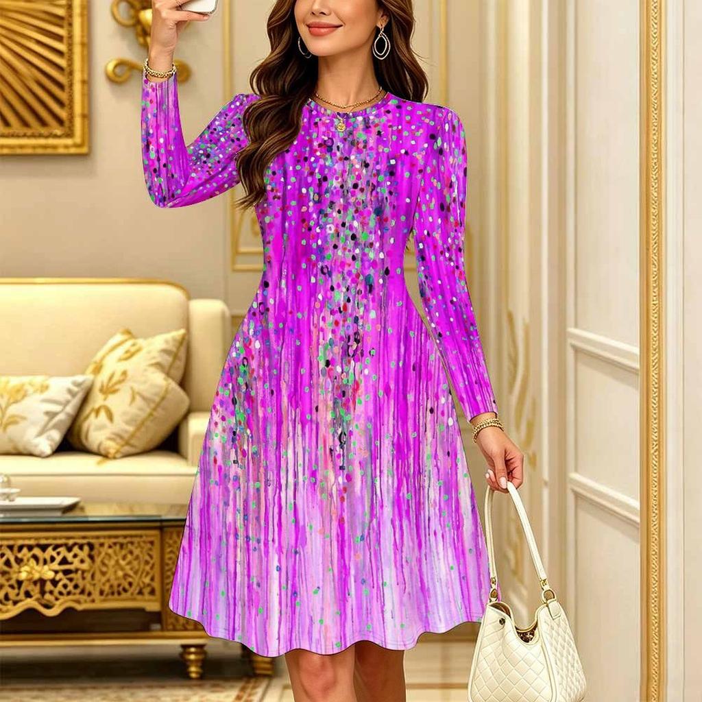 Women Long Sleeve Round Neck Midi Dress Boho Batik Gradient Tie Dye Wave Print Flared Casual Dress