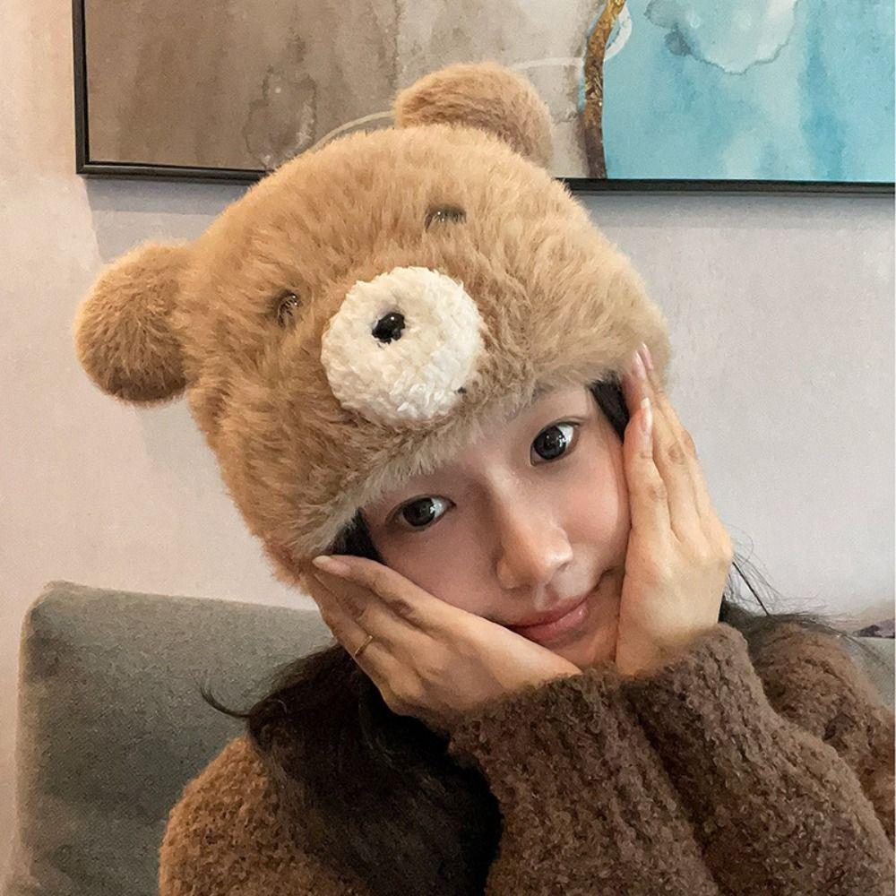 Warm Cute Bear Ear Hat Korean Pompom Beanie Cap Leisure Women Fluffy Hat  Girls