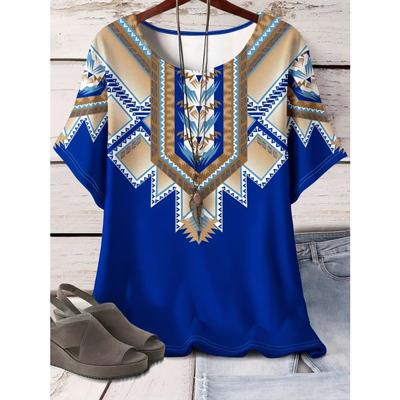 T-shirt geometrica chic taglie forti - Top a maniche corte vivace per primavera ed estate, abbigliamento casual comodo per le donne alla moda e curvy