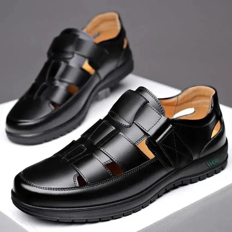 Summer New Men's Hollow Up PU Leather Breathable Sandals Non-slip Flat Soft Bottom Handmade Trendy Design Shoes Men's Shoes