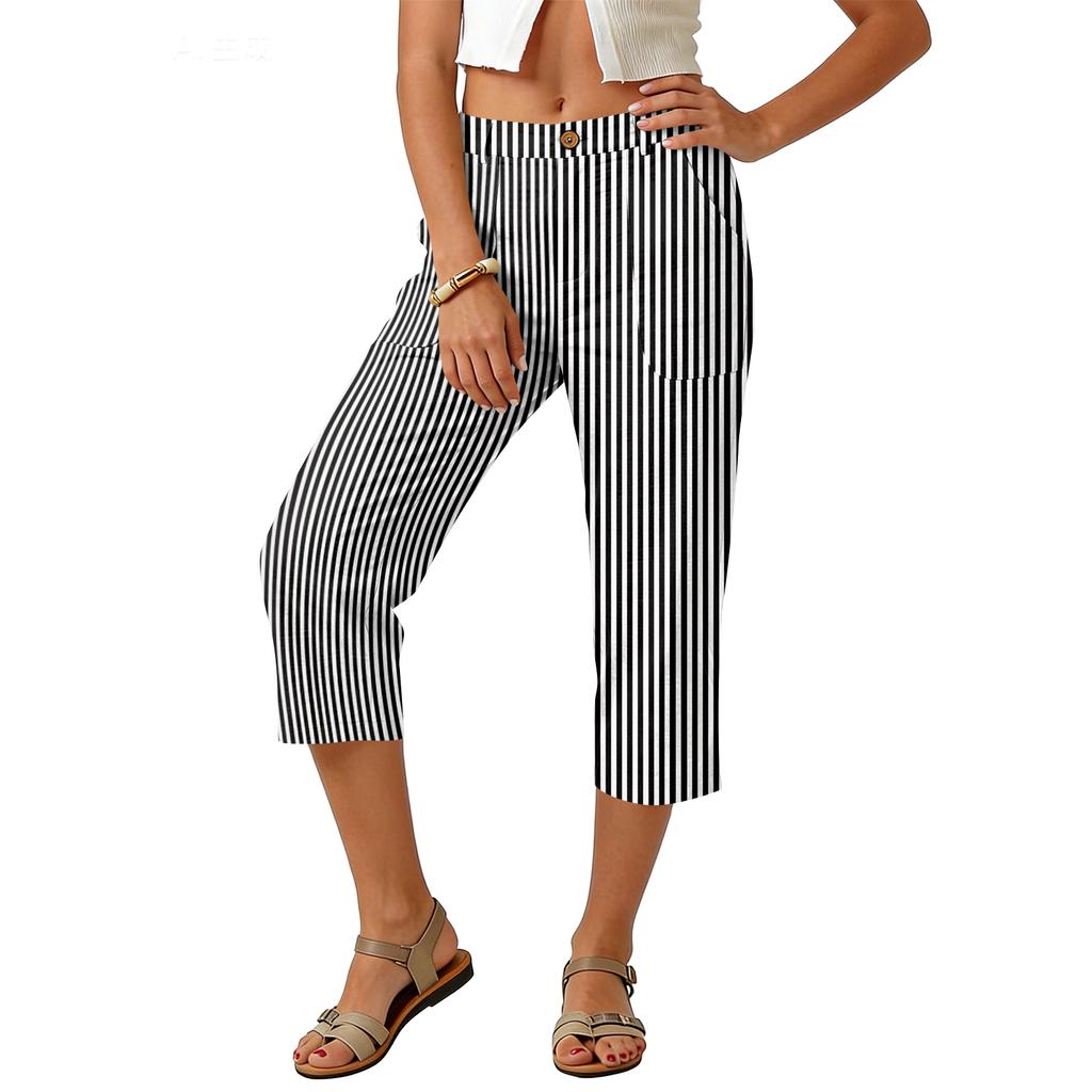 Pantaloni Corti da Donna a Righe Verticali Vita Alta Gamba Larga con Chiusura a Bottone e Tasche Laterali per l'Uso Quotidiano