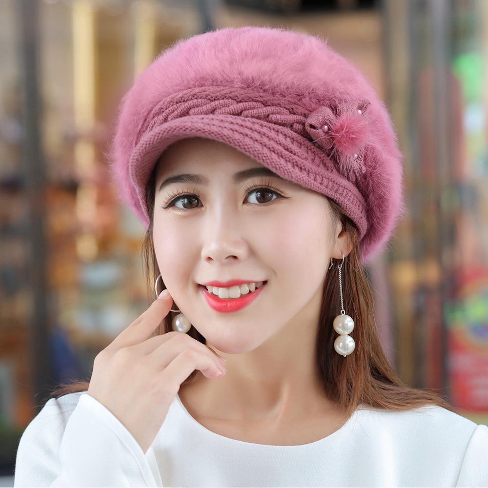 Women's Thickened Rabbit Fur Duckbill Cap with Ear Protection, Korean Style Knitted Beret.