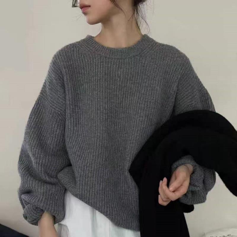 Women's Ribbed Round Neck Wool Sweater - Loose, Slimming Knit Pullover, New Fashion Style