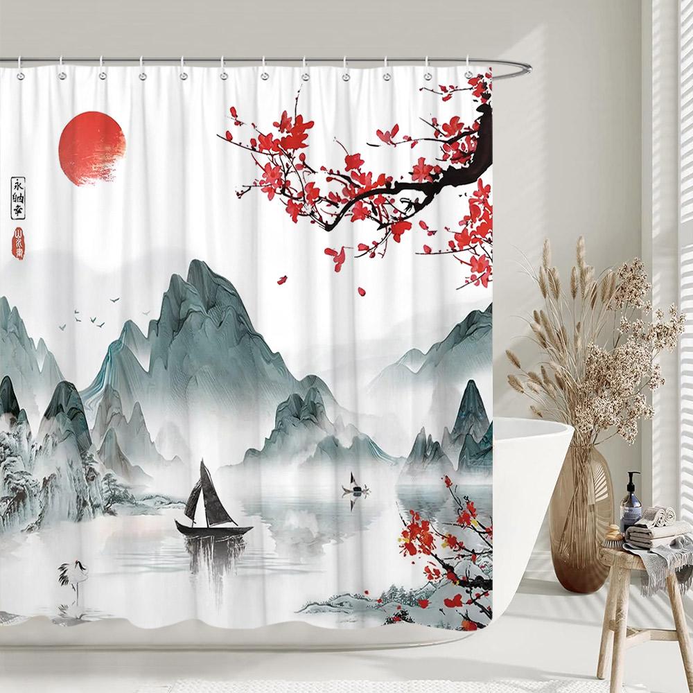 

Vintage Brown Red Cherry Blossom Shower Curtain Branch Full Moon Japanese Chinese Traditional Ink Painting Shower Curtains Decor W60H190(CM)-1 Pcs