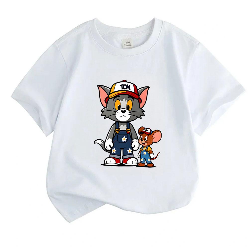 Kids Boys Girls 100% Cotton Crew Neck Short Sleeve T-Shirt, Cute Cartoon Cat Mouse Print Casual Soft Breathable Summer Tee for Toddlers Little Childre