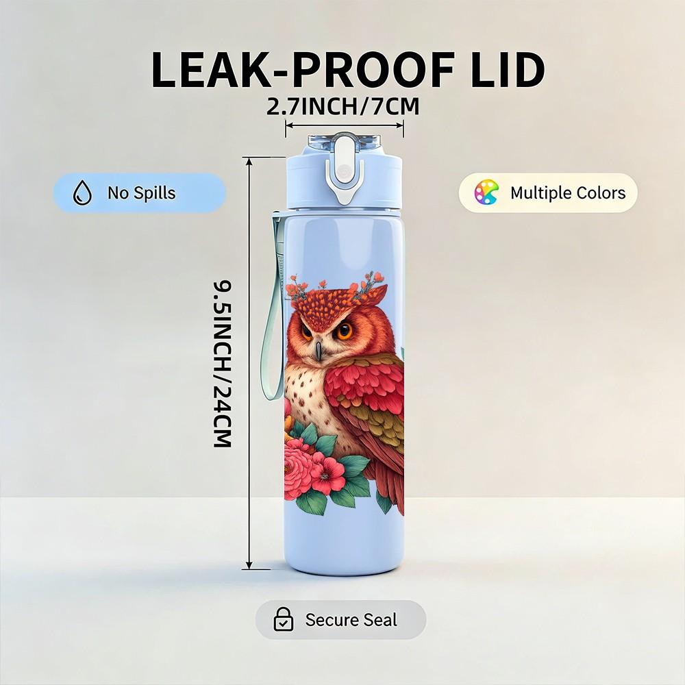 1PC Floral Wreath Red Bird 750ml Color Plastic Sports Water Bottle Leakproof Flip Straw Lid Suitable for Sports Office Home Use