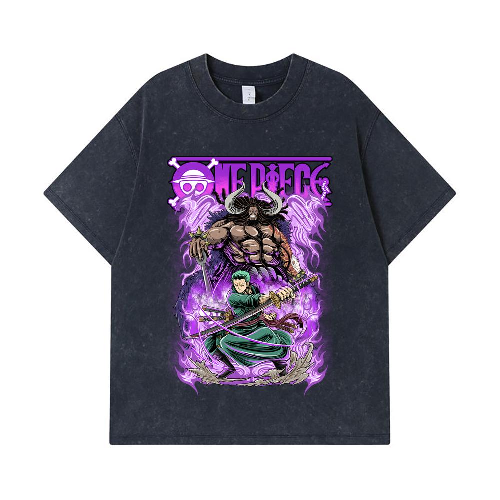 T-shirts Lavés 275 GSM 100% Coton Pièce Unique V32 Impression Zoro Kaido Unisexe T-shirt Lourd en Coton