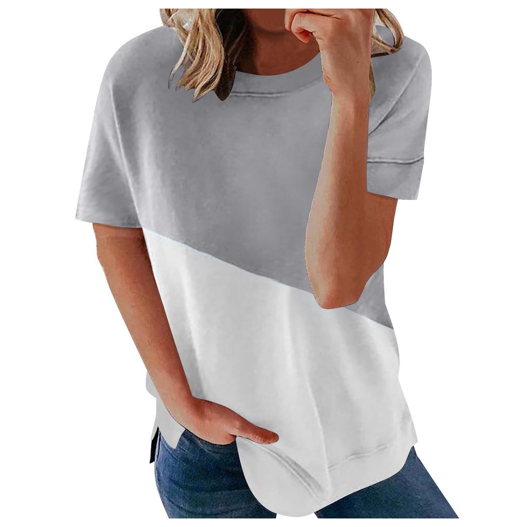 Women's Casual Fashion Short-Sleeved Stitching Round Neck Pullover Thin T-shirt