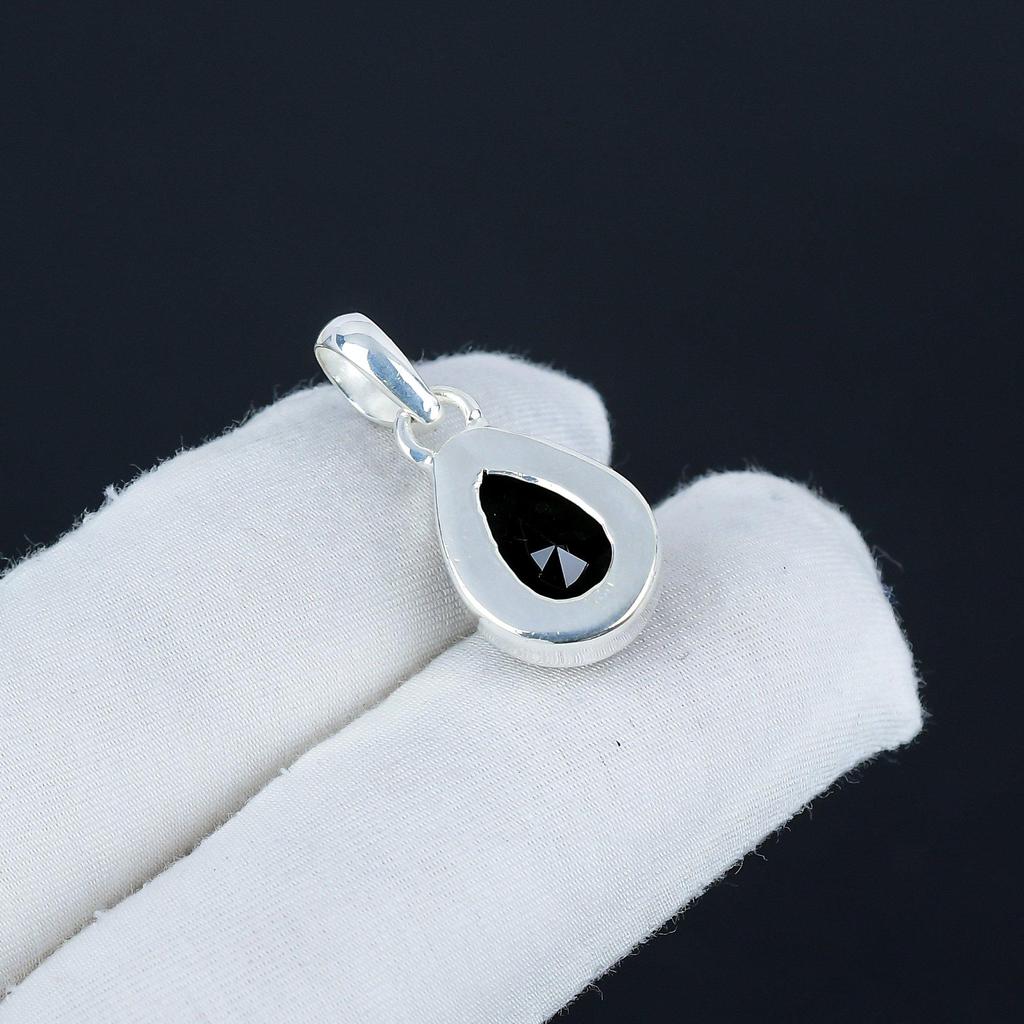 Dainty Black Spinel Gemstone Silver Pendant In 925 Sterling Silver - Handmade Pear Design, Everyday Wear Minimalist Jewelry Party Wear Gift