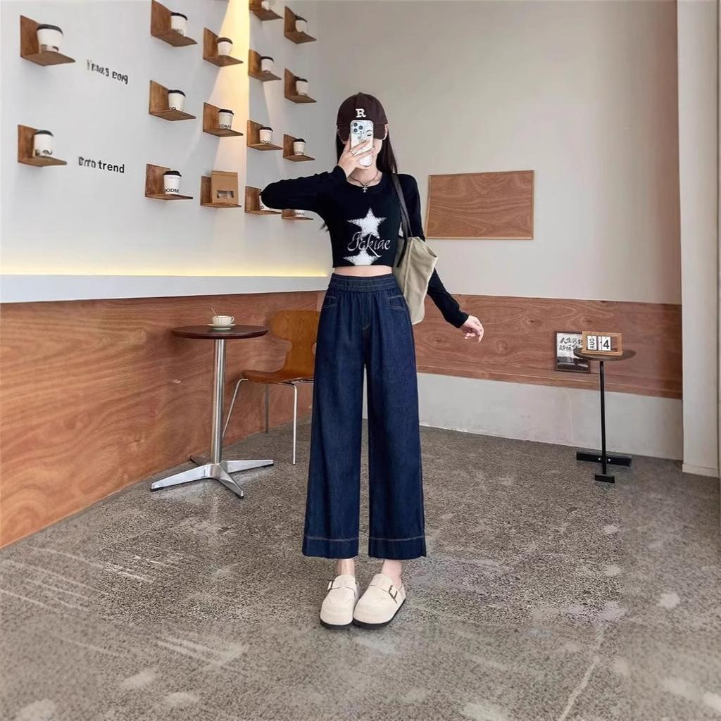 Women's High Waist Straight Leg Jeans Spring and Summer Elastic Waist Loose Wide Leg Pants Cropped Pants