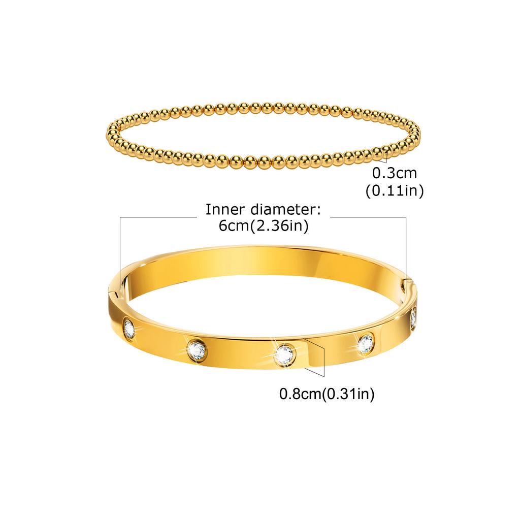 Fashion Stackable Stainless Steel Beads Bracelet for Women, Cubic Zircon Gold Plated Bangle, Waterproof Light Luxury Jewelry