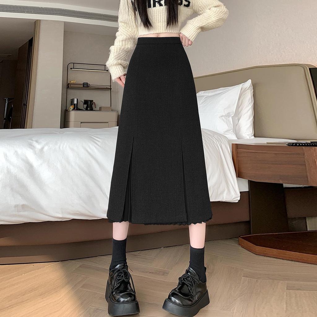Women's Gray Wool Plaid Pleated A-Line Skirt - High Waist, Mid-Length, Slimming, with Slit for Autumn/Winter