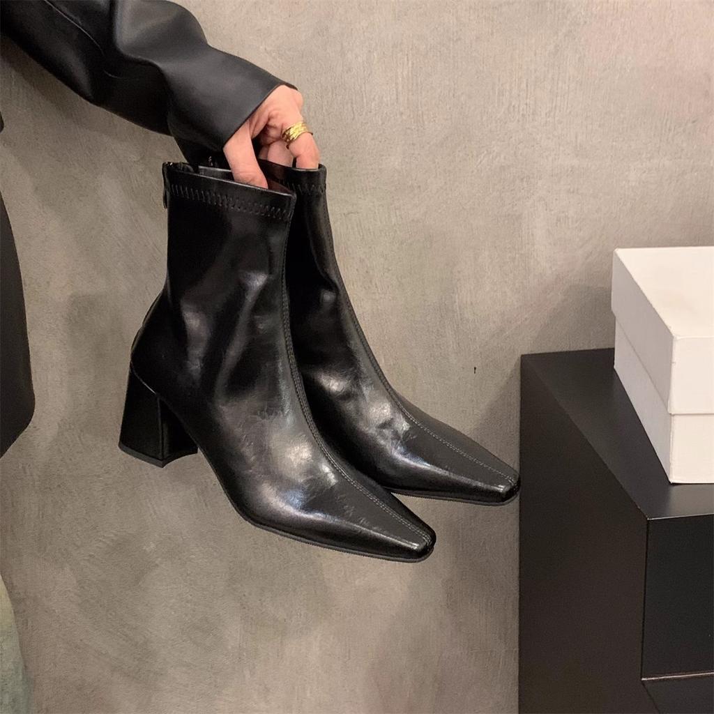 High Heel Square Head Brown Martin Boots Women's Shoes 2025 New Spring and Autumn Single Boots with Skirt French Small Bare Boots Short Boots