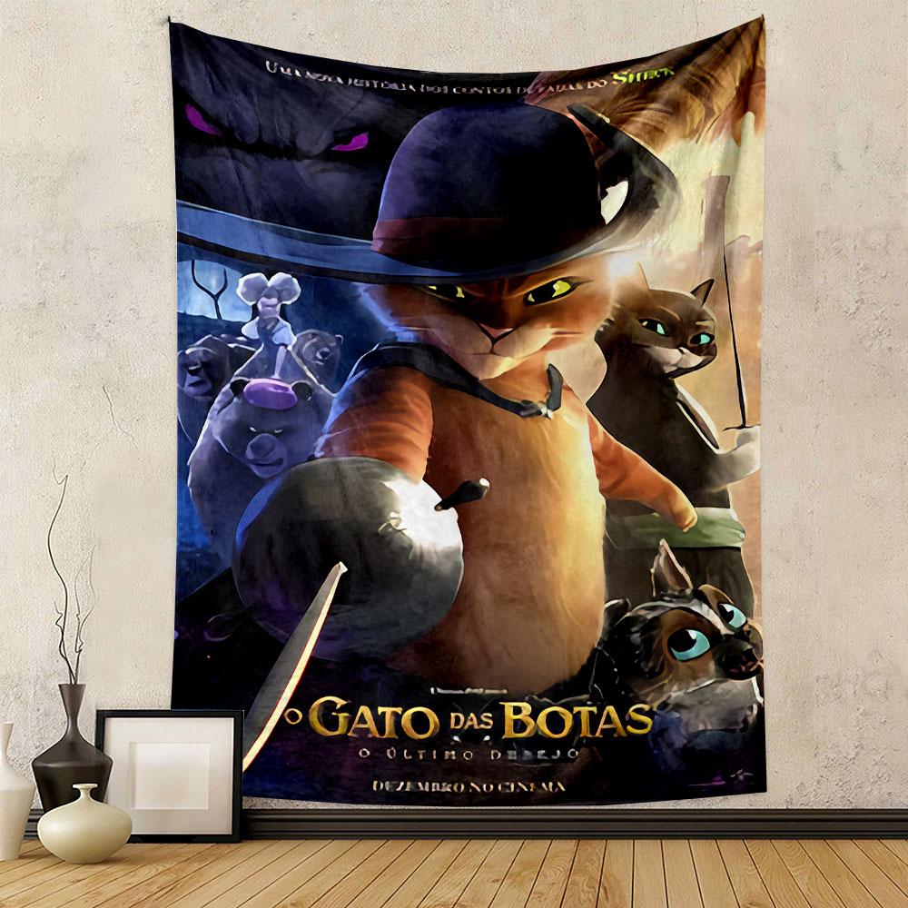 El Gato con Botas Tapestry Wall Hanging, Puss in Boots Spanish Poster Art, Animated Cat Wall Decor for Kids Bedroom