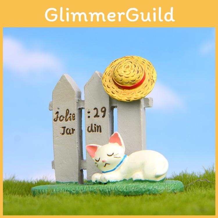 Fence Cat Resin And Hat With Moss Grass Decor For Photo Shoots Gift Giving