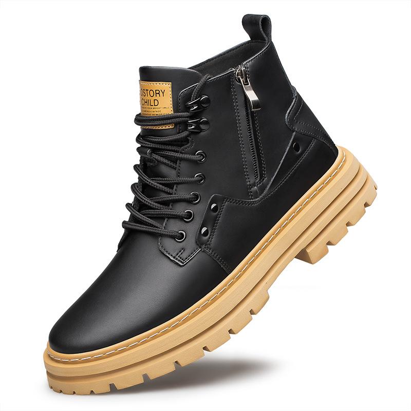 Autumn and winter trend cowhide Martin boots high-top tooling British style invisible inner heightening thick-soled lace-up tooling boots men's boots