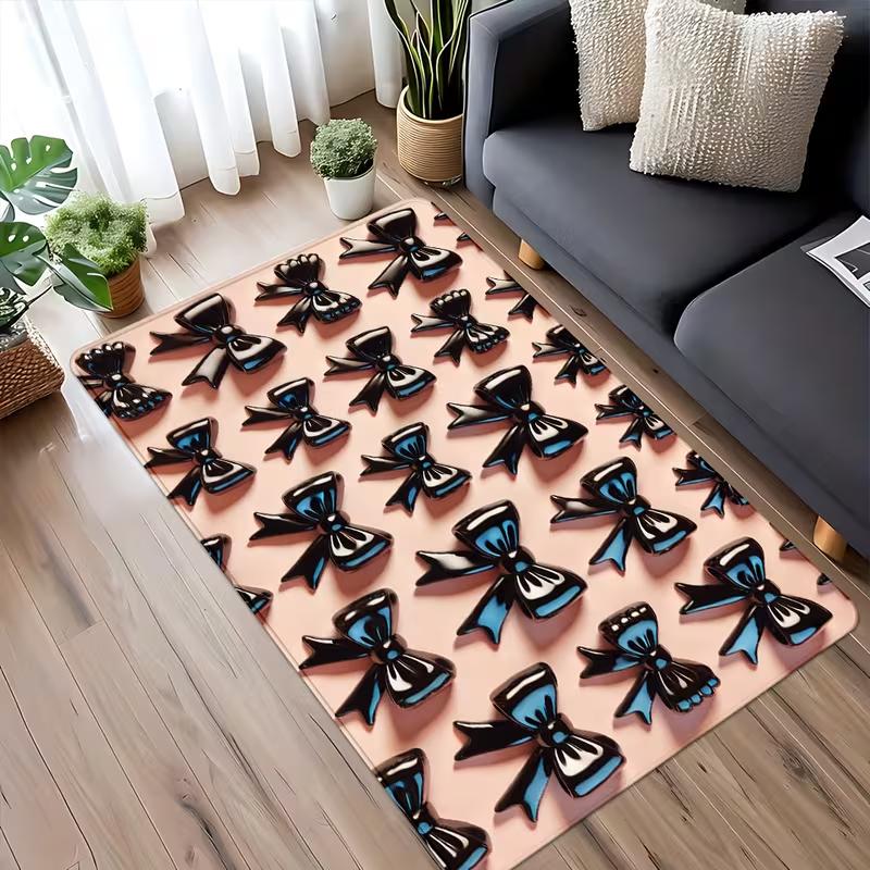 Elegant Black Bow Print Area Rug Soft Non-Slip Living Room Carpet Luxury Bowknot Ribbon Print Mat Indoor Home Decor Carpet