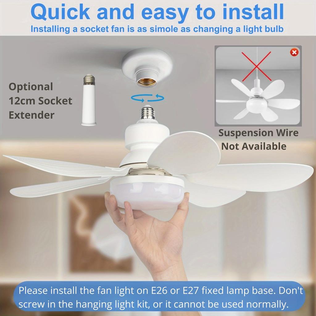 Ceiling Fan Light, Screw In Small Ceiling Fan with Remote, 3 Wind Speed, Dimmable LED, 3000-6500K,6 White Blades, 20.5 Inch