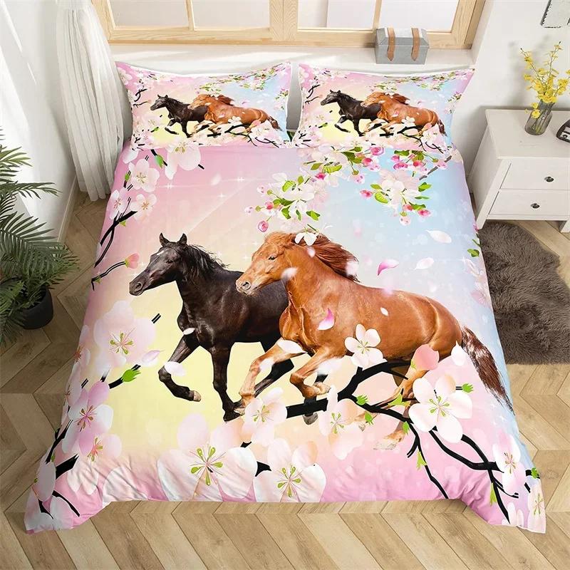 Horse Duvet Cover Butterfly Floral Comforter Cover Microfiber Western Farm Animals Bedding Set King For Kids Girls Bedroom Decor