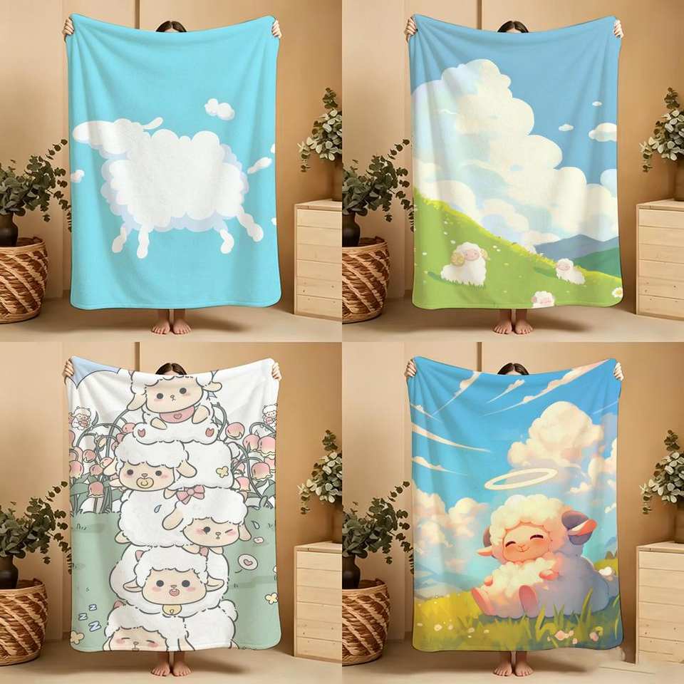 Cartoon C-CloudS SheepS Throw Soft Warm Throw Blanket for Bedroom Living Room Bed Travel Camping Picnic Gift