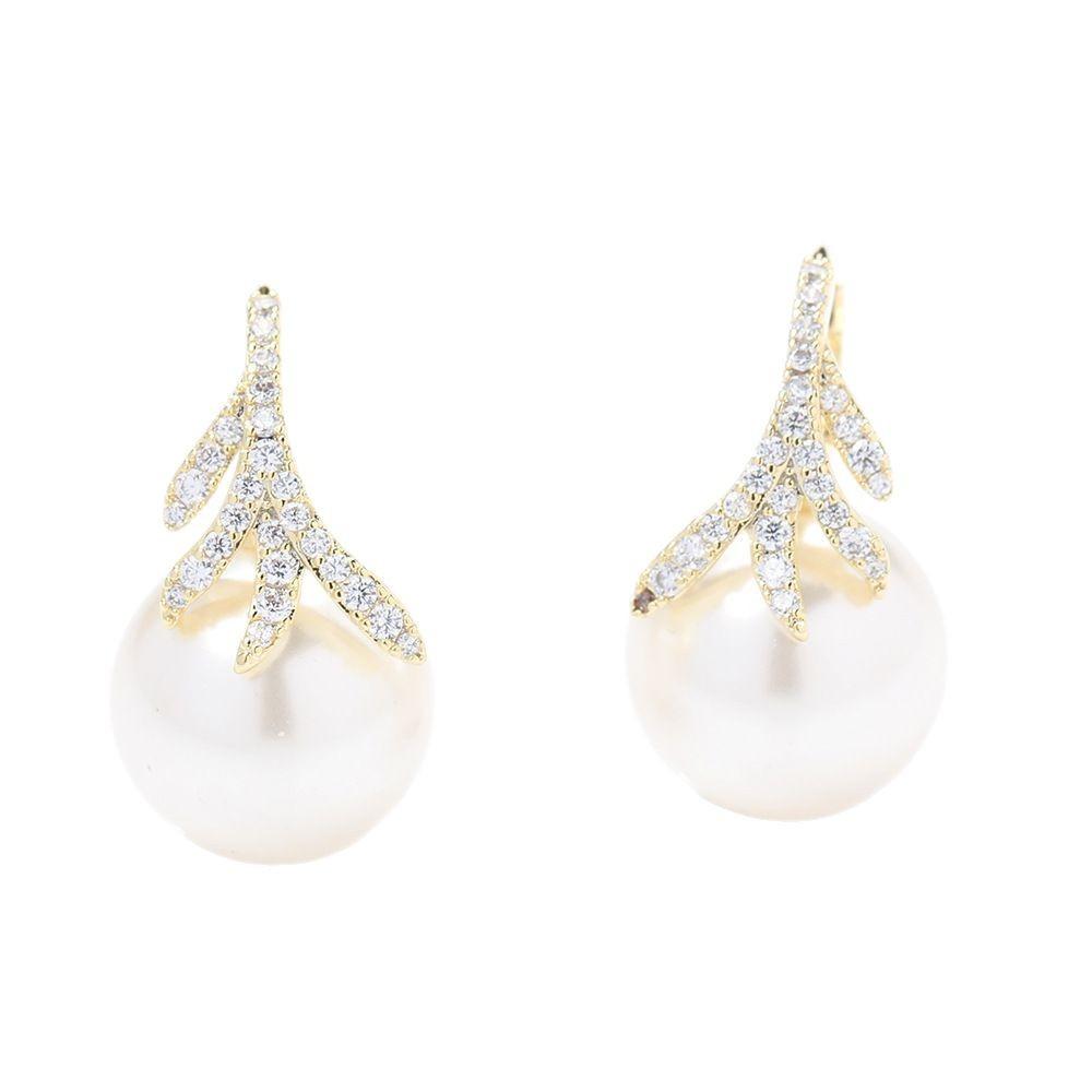 Elegant Temperament Stone-set Feathers Gold-plated Earrings Large Pearls Fashion Ear Buckles Women's Casual Versatile Earrings Stud Earrings