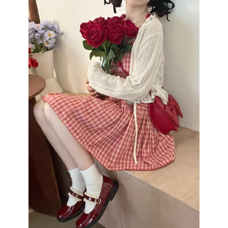 Japanese Kawaii Lolita Dress Women Sweet Red Plaid Party Mini Dress Female Korean Fashion Loose Y2k Princess Dress New In Autumn