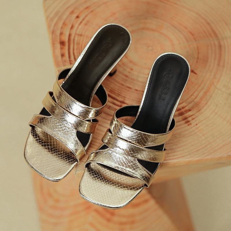 

Fashion high-heeled slippers women s summer outer wear 2025 new silver stiletto slippers square head fashion cool slippers 40 золотой